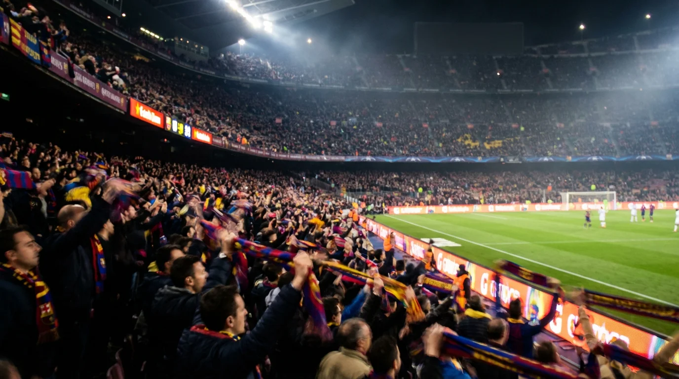 Grada llena en un estadio de Serie A con aficionados animando durante un partido nocturno